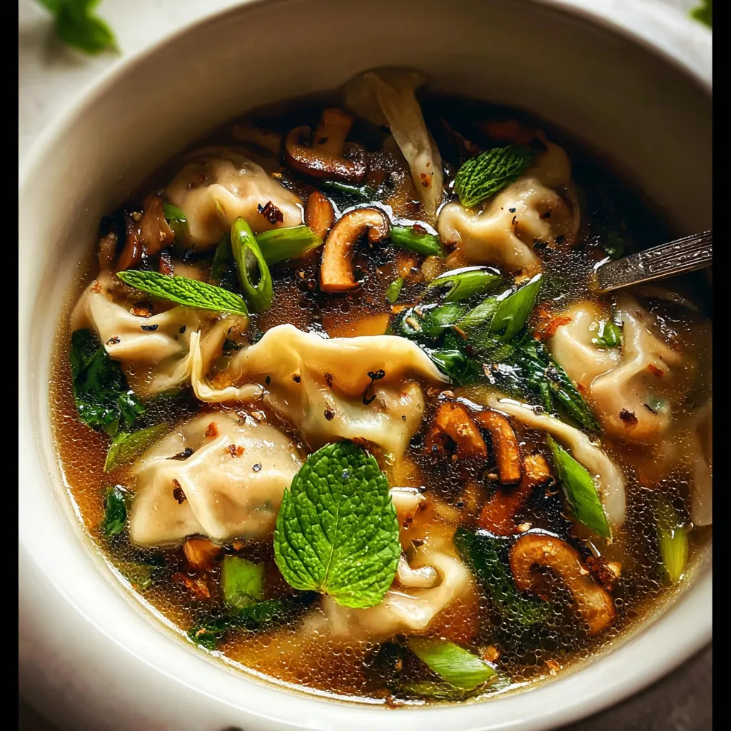 Authentic Asian Dumpling and Mushroom Soup with Fresh Aromatics - tertiary view